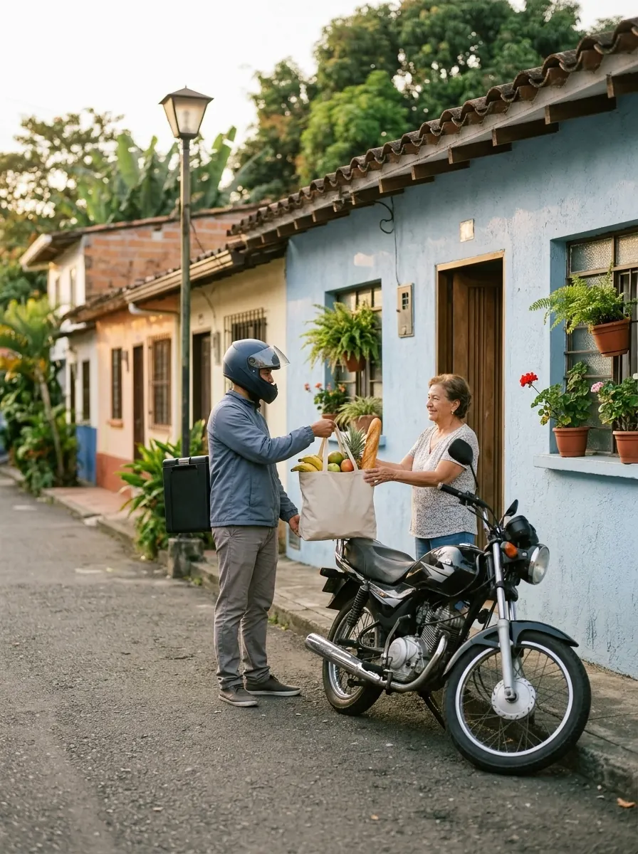 Domiciliario en moto entregando una bolsa de mercado a una señora en la puerta de su casa