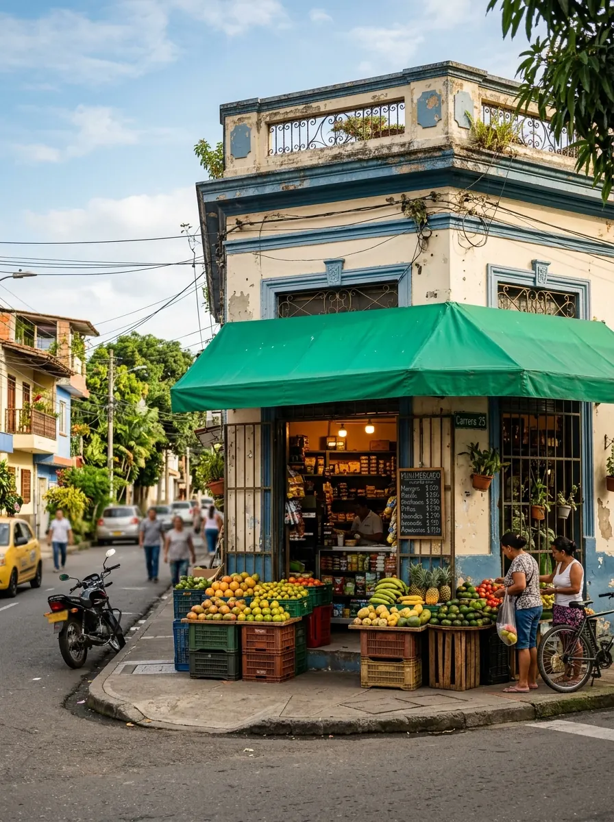 La tienda en una esquina del barrio, con toldo verde y canastas de frutas en el andén