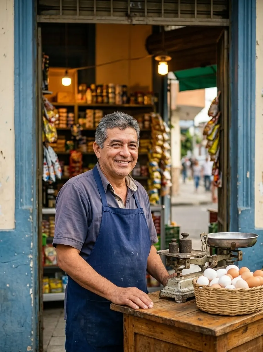 Don Lucho sonriendo en la puerta de su tienda, junto a la pesa y una canasta de huevos