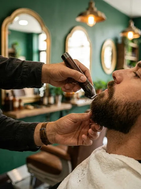 Barbero perfilando una barba con máquina