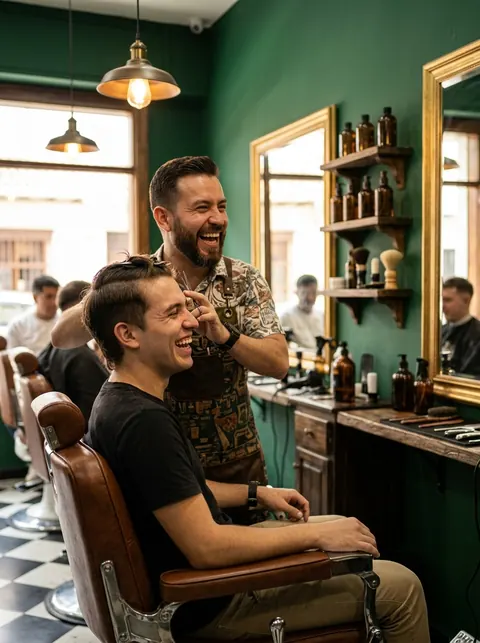 Barbero y cliente riéndose durante un corte