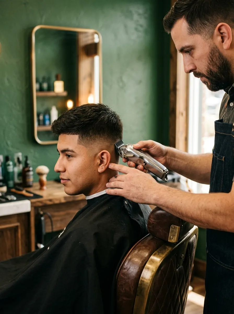 Barbero haciendo un fade con máquina a un cliente, frente a un espejo de latón y pared verde