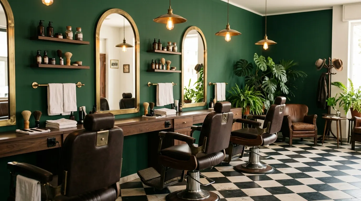 Interior de la barbería: paredes verdes, espejos de latón en arco, sillas de cuero y piso de ajedrez