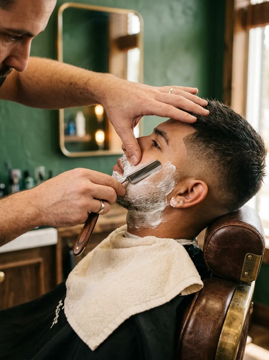 Barbero afeitando a navaja a un cliente con espuma y toalla