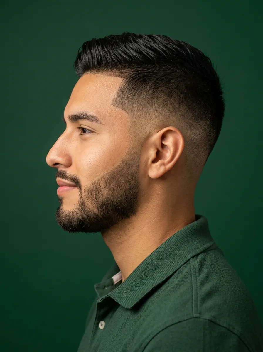 Perfil de un hombre con fade y barba, sobre fondo verde