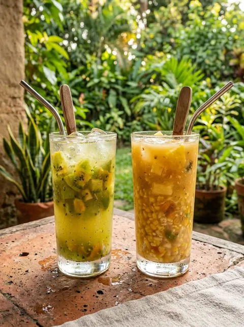 Un vaso de lulada y uno de champús con hielo, en una mesa del patio