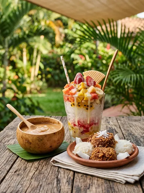 Cholado con frutas, manjar blanco en totuma y cocadas