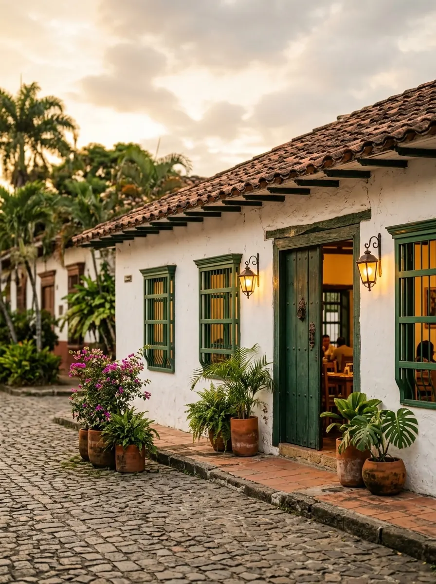 Fachada encalada de La Tulpa, con puertas y ventanas verdes y techo de teja, al atardecer