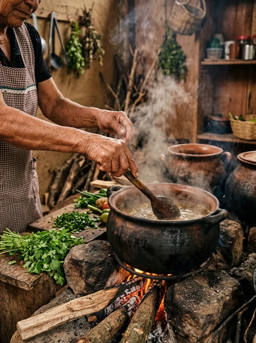Manos de una cocinera revolviendo con cuchara de palo una olla de barro sobre el fogón de leña
