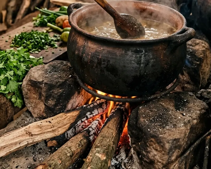 Olla de barro sobre las tres piedras del fogón, con la leña encendida debajo