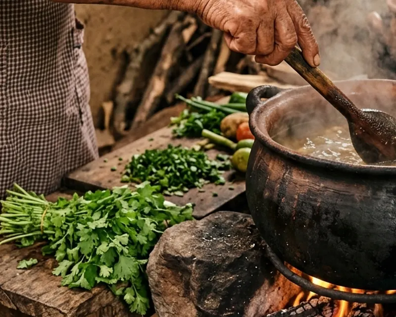 Cilantro y verduras frescas junto a la olla en el fogón