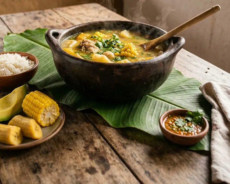 Sancocho servido en olla de barro con arroz, aguacate, mazorca y maduro