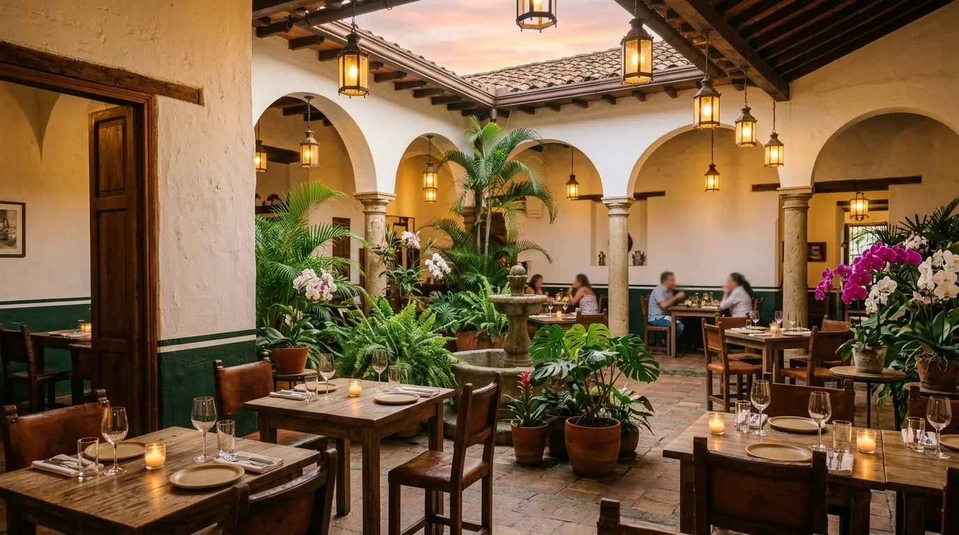 Patio colonial de La Tulpa con arcos, fuente de piedra, plantas, orquídeas y faroles encendidos