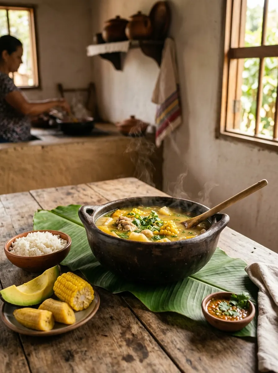 Sancocho de gallina en olla de barro sobre hoja de plátano, con arroz, aguacate, mazorca y maduro