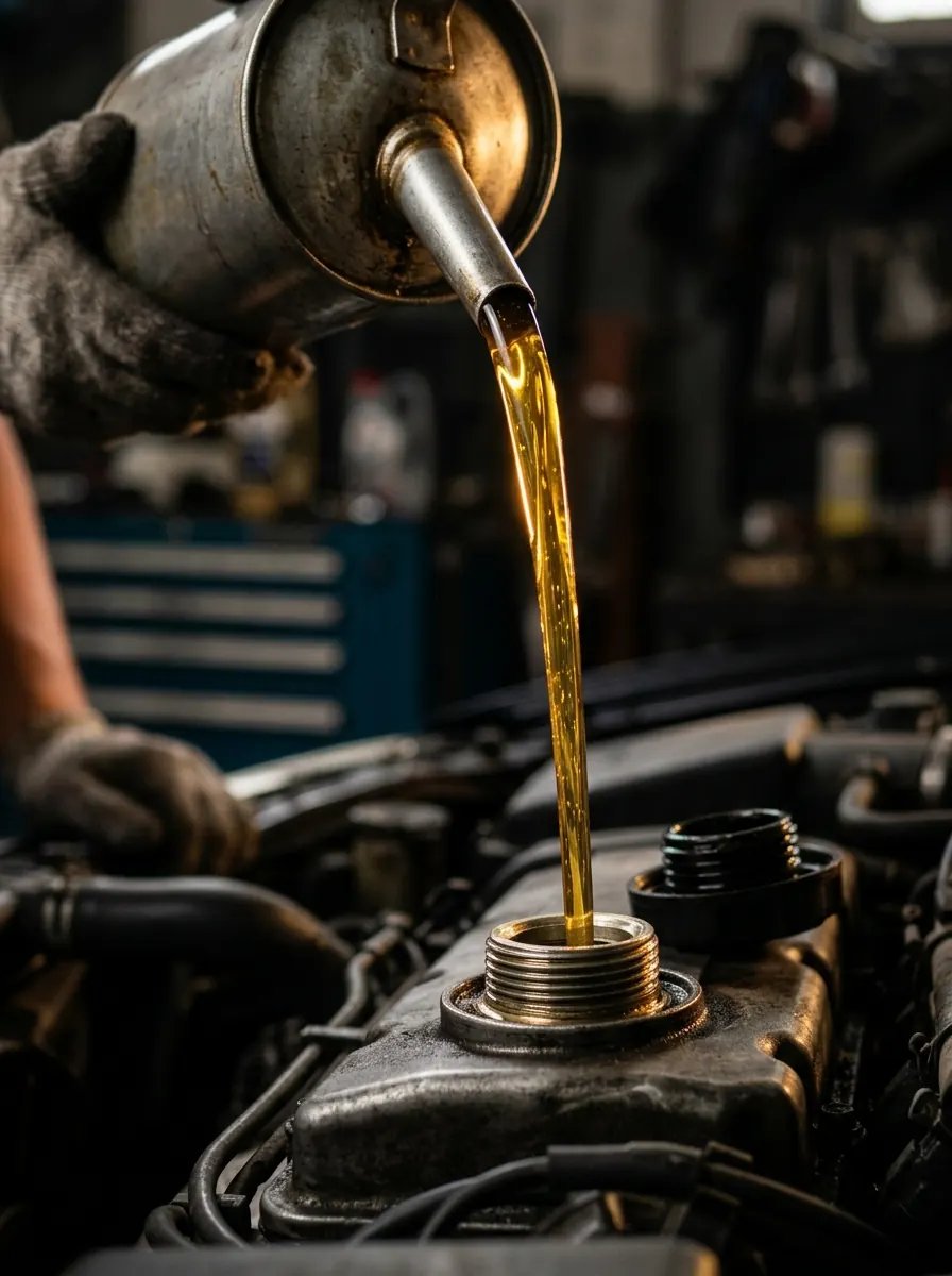 Aceite nuevo cayendo en la boca de llenado del motor