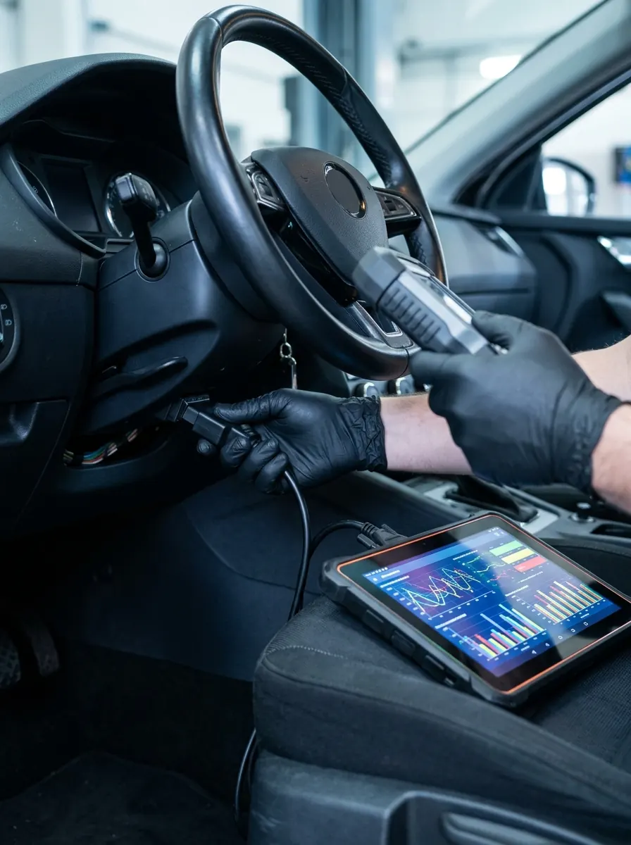 Escáner conectado al puerto de diagnóstico de un carro, con los datos en una tableta
