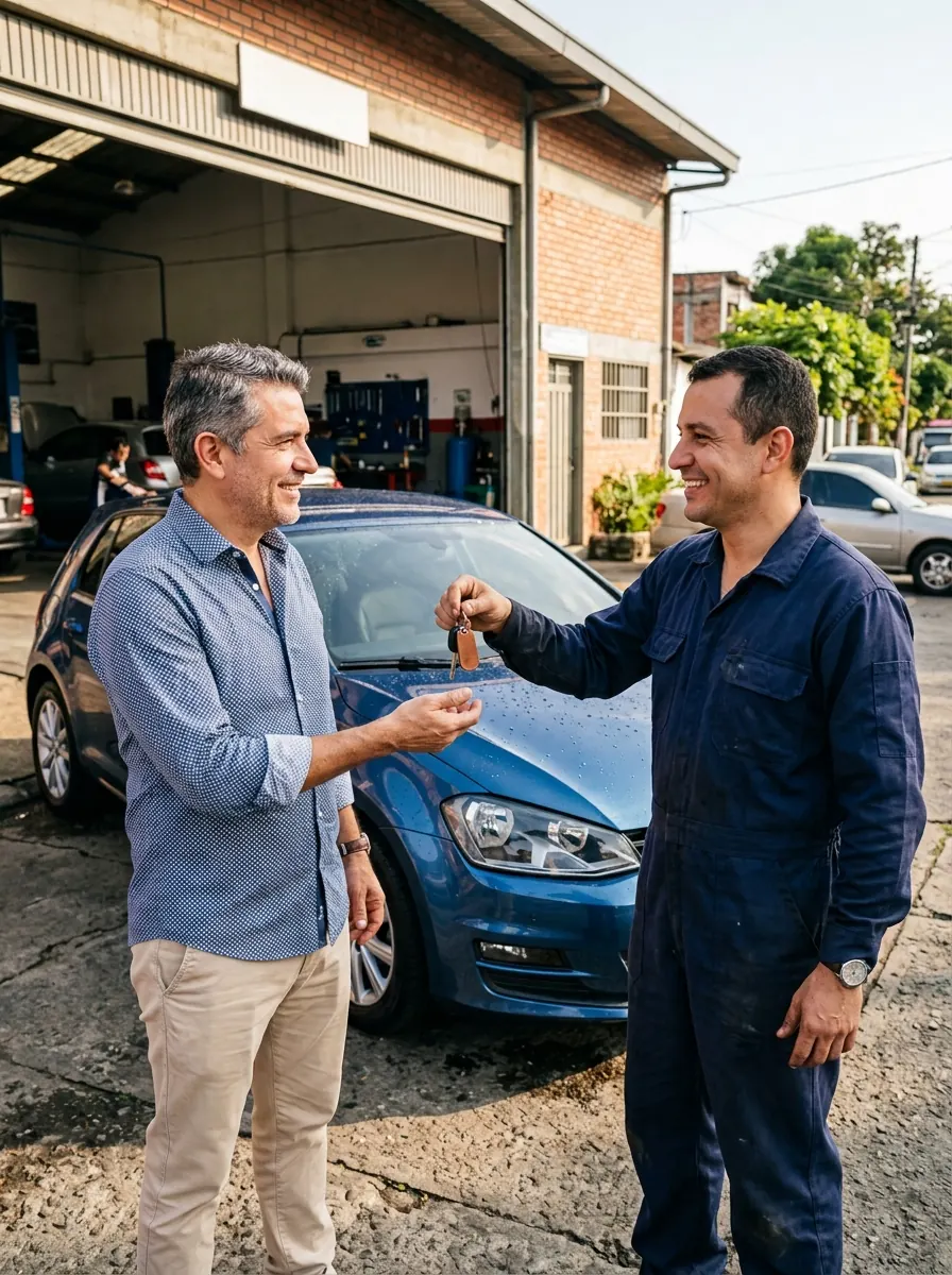 Mecánico entregándole las llaves a un cliente frente al taller