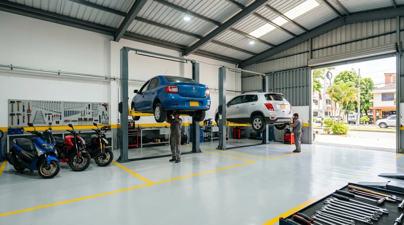 Interior del taller con dos carros en elevadores, motos y portón abierto a la calle
